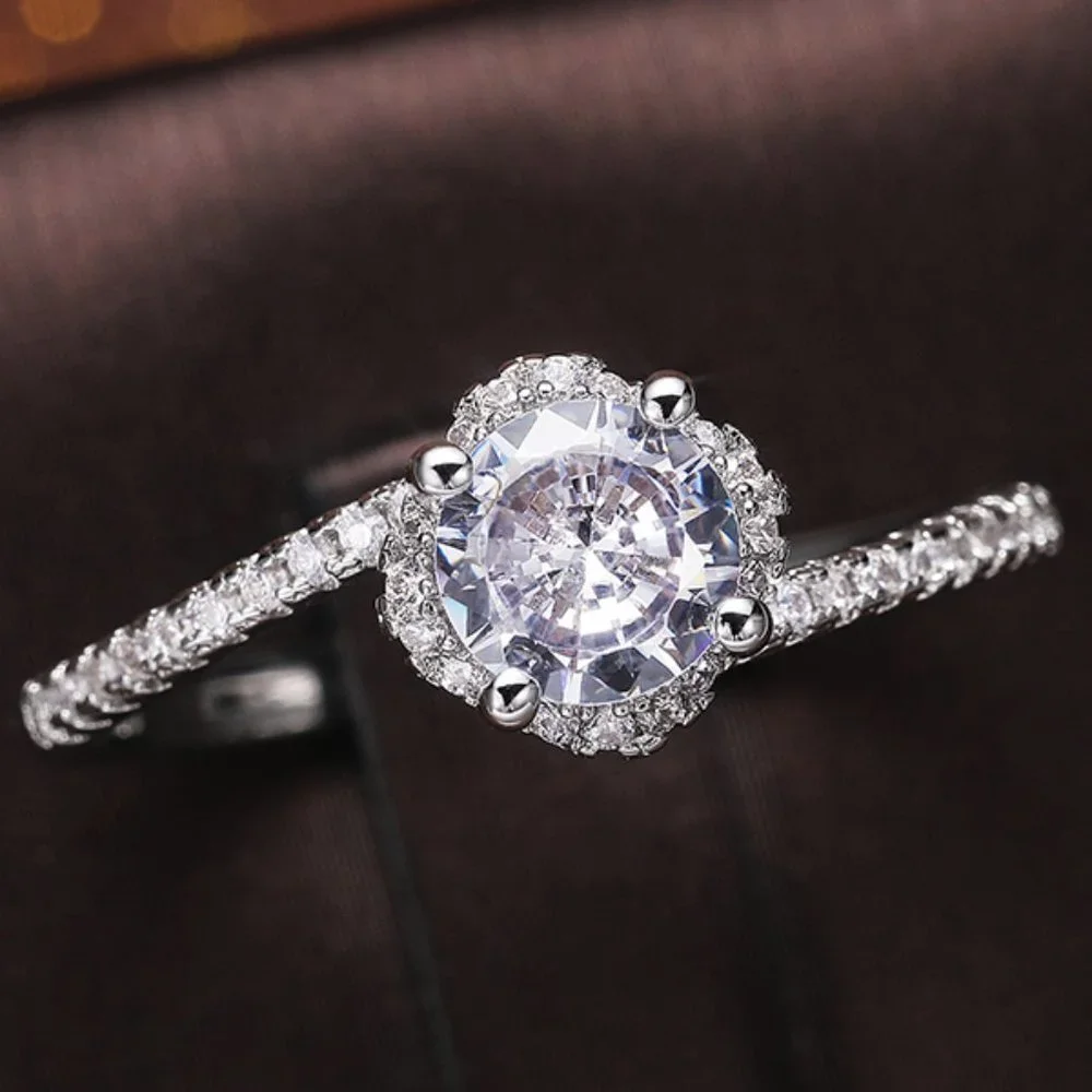 🌸Beautiful CZ Diamond Twisted Macro Pave Silver Pure Flower Wedding Ring, K844